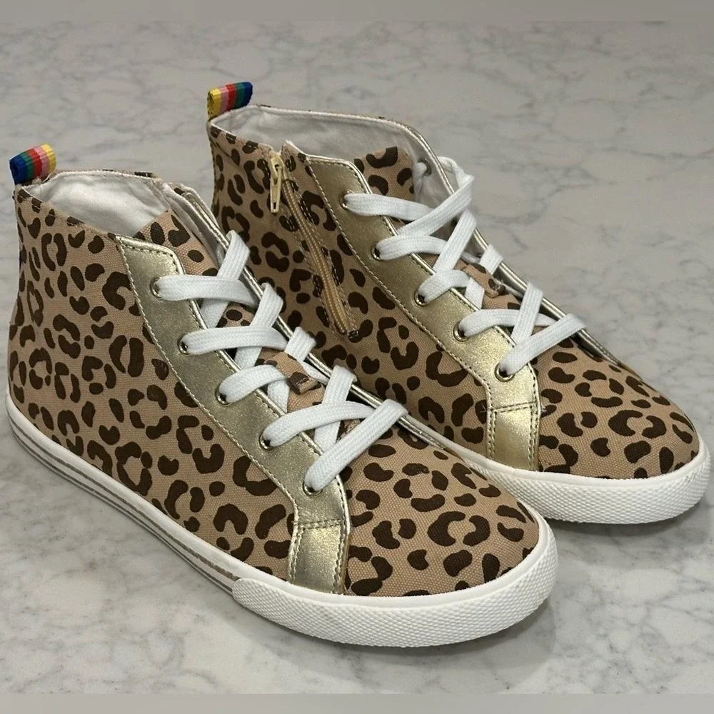 Mini Boden Girls Leopard Print High Top Sneakers Gold Trim Rainbow Zip Size 39